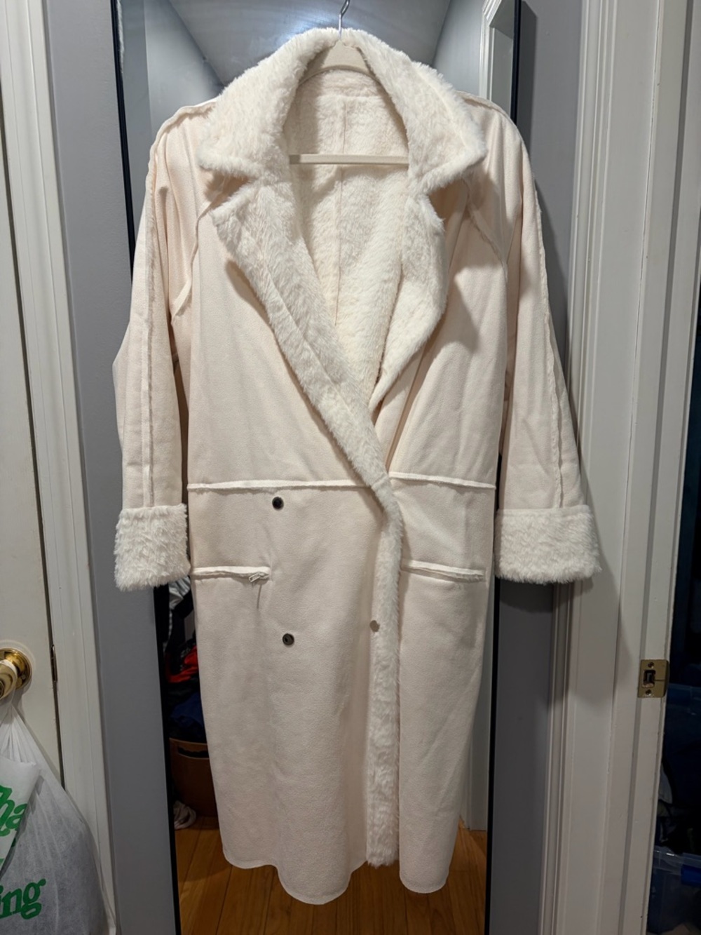 Women's Cream Faux-Shearling Long Robe Coat